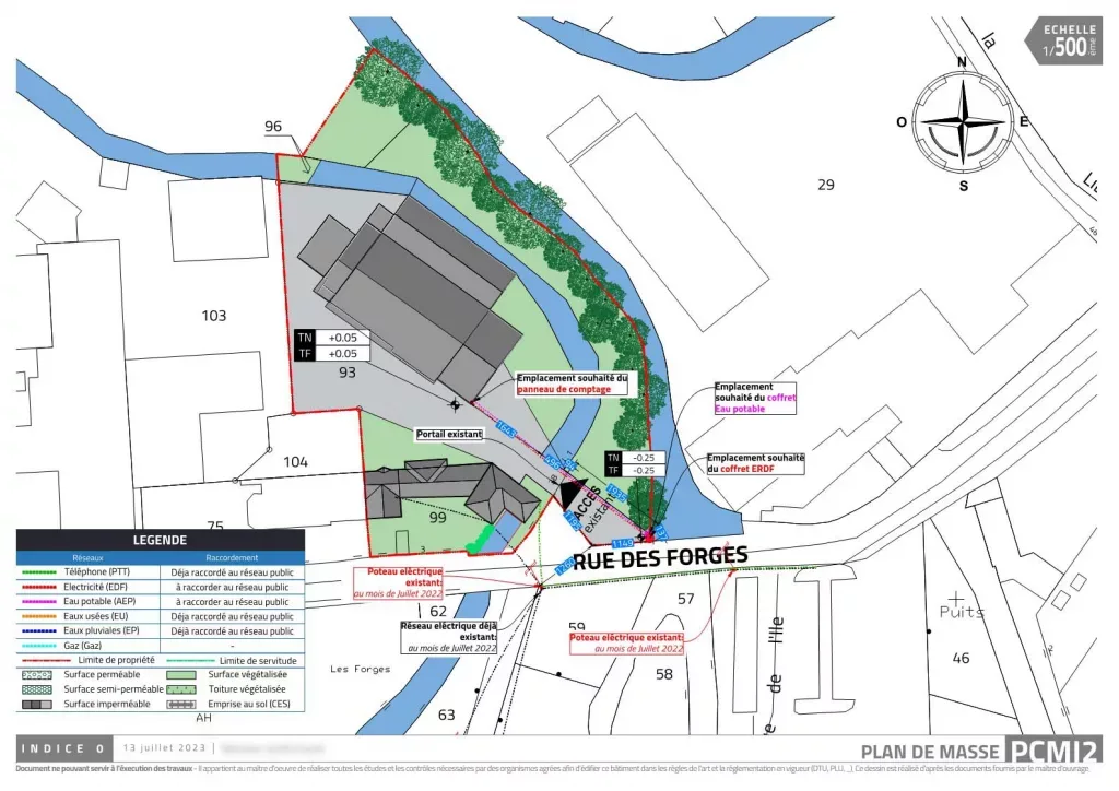 Plan de masse de raccordement électrique avec coffret de branchement et tracé de dérivation