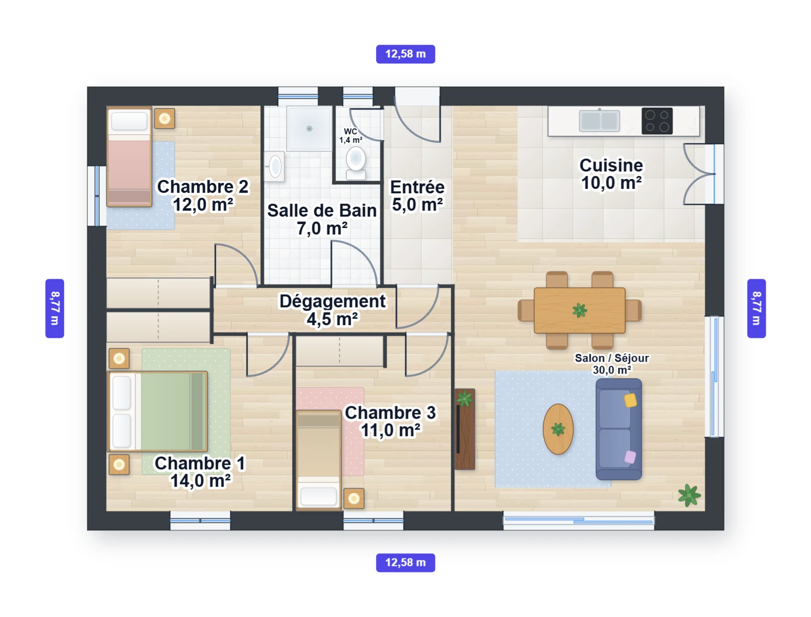 Plan meublé d'une maison de plain-pied de trois chambres, tel que l'affiche le générateur de plan de maison