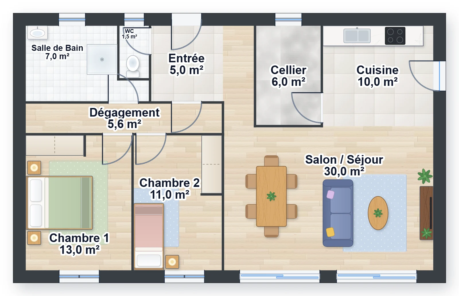 Plan meublé d'une maison de plain-pied de 2 chambres et 89,1 m², proposé par le générateur de plan de maison