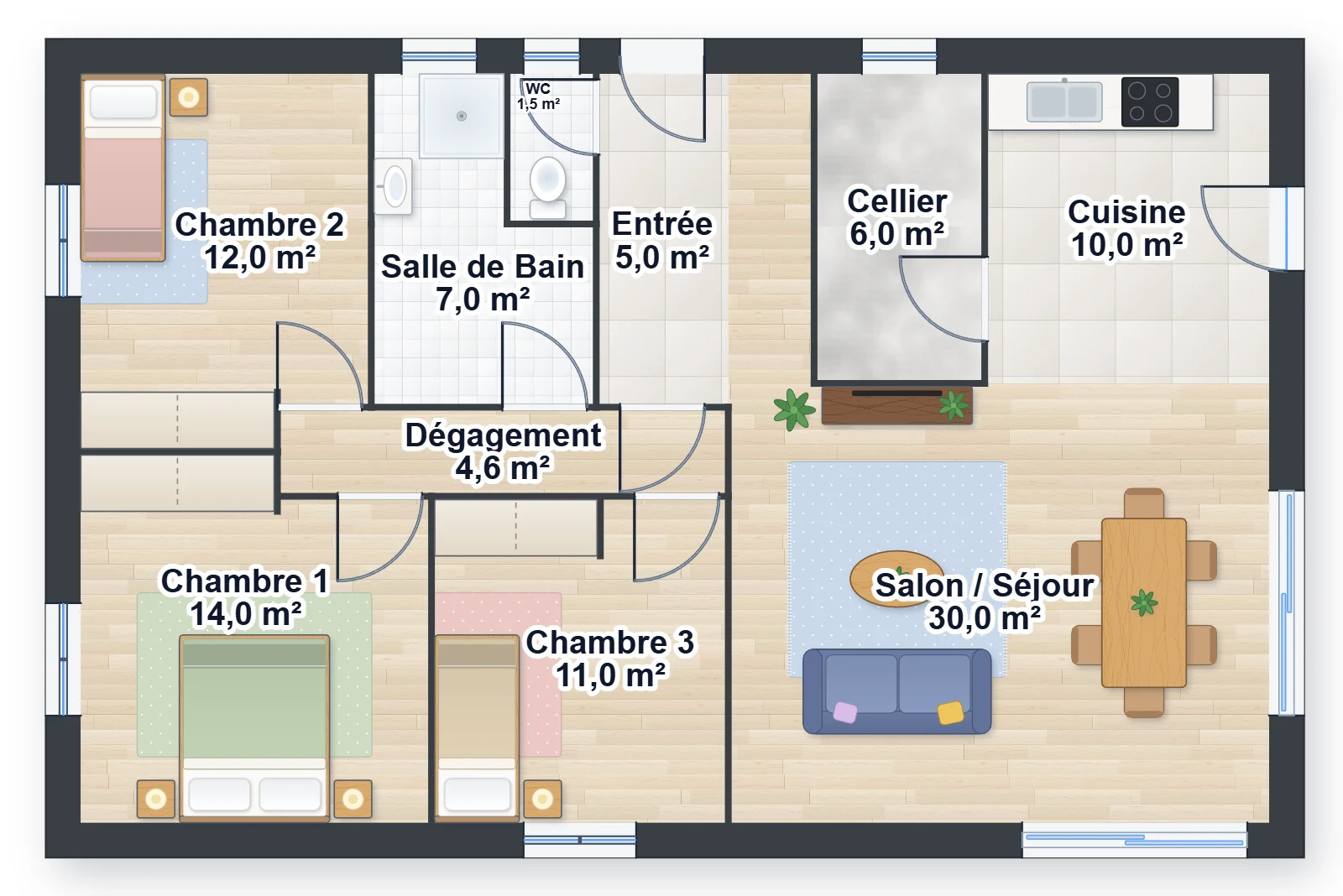 Plan meublé d'une maison de plain-pied de 3 chambres et 101,1 m², proposé par le générateur de plan de maison
