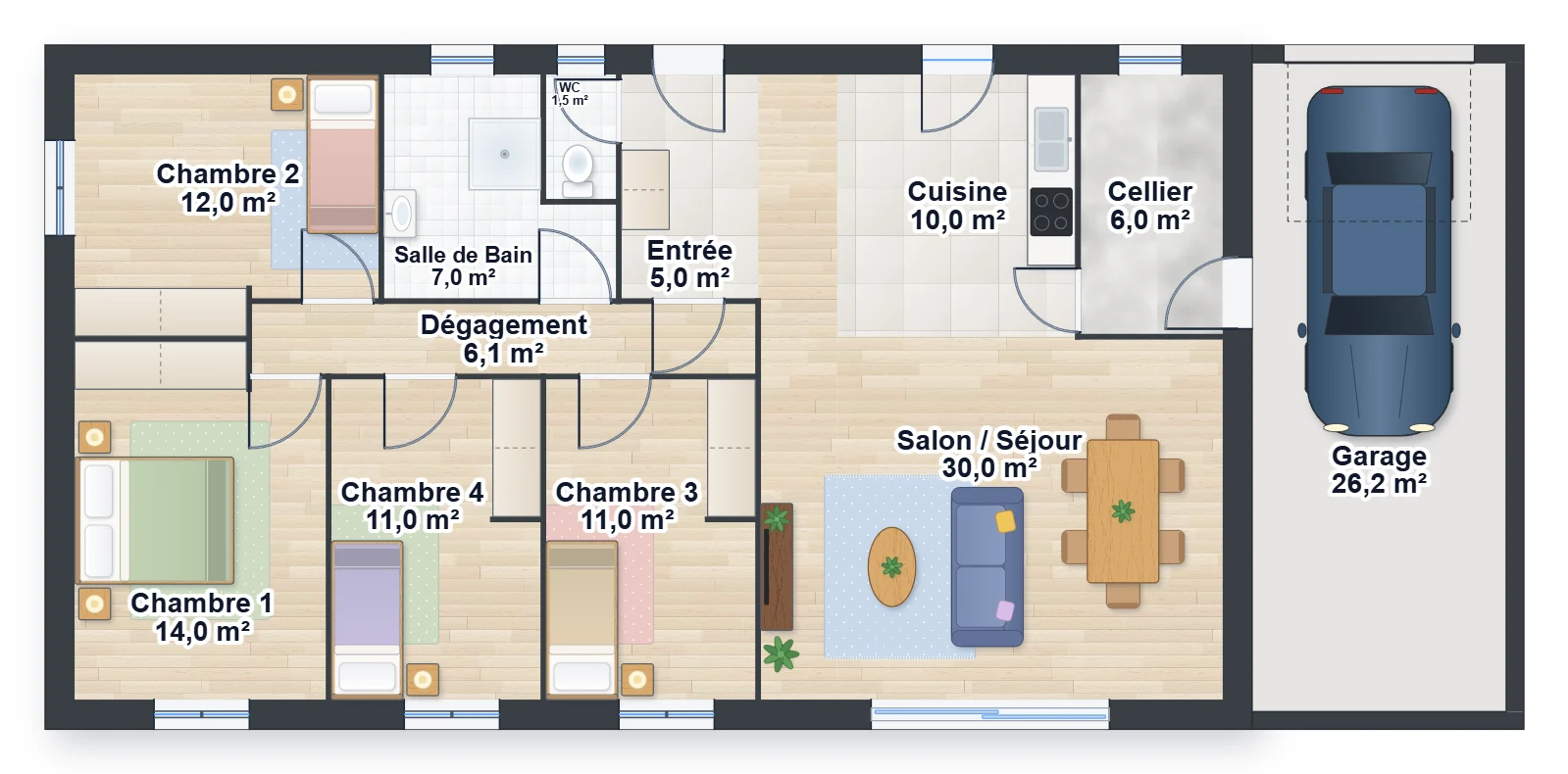 Plan meublé d'une maison de plain-pied de 4 chambres et 113,6 m², proposé par le générateur de plan de maison